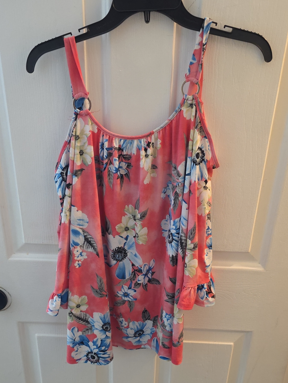 Sew In Love Coral Pink Floral Cold-Shoulder Tank with Ring Accents